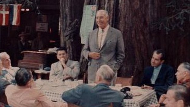 Members of the Bohemian Grove in 1967, including Ronald Reagan, Harvey Hancock, and Richard Nixon.