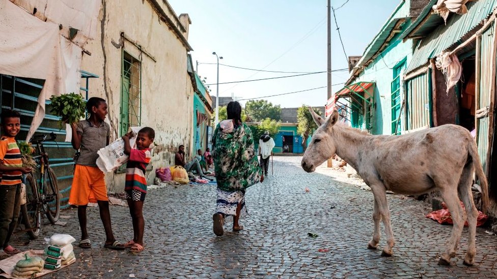 Осел и жители на улице в Хумере, Эфиопия