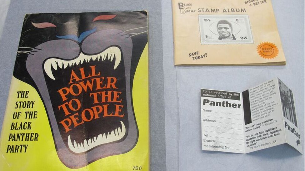 Брошюра и членский билет «Черная пантера». Альбом черно-коричневых марок.