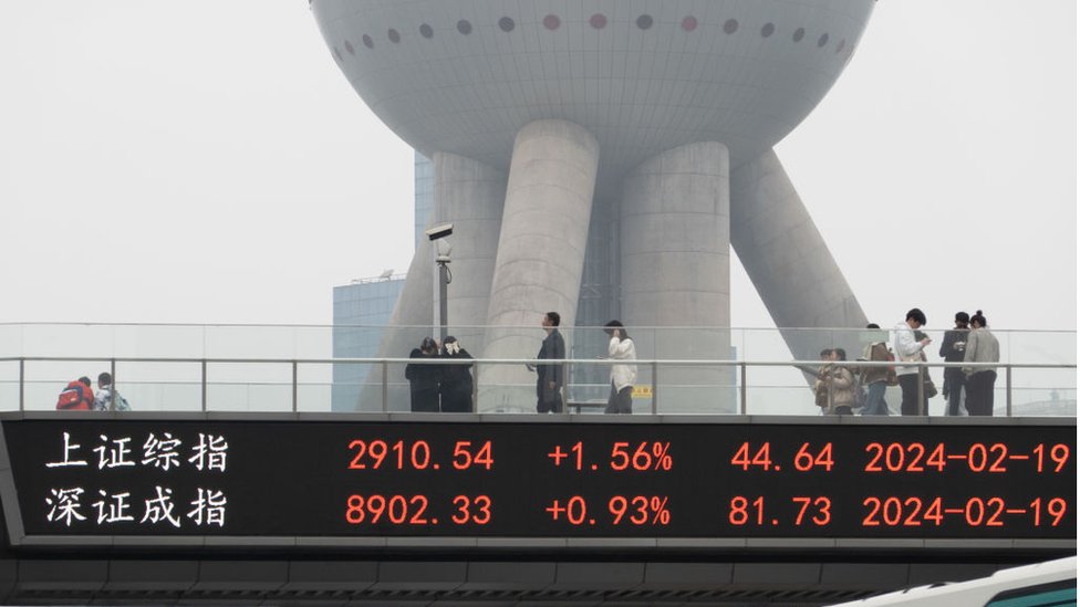 2024年2月19日，中國上海陸家嘴步行橋大屏幕上顯示的A股交易日收盤指數。