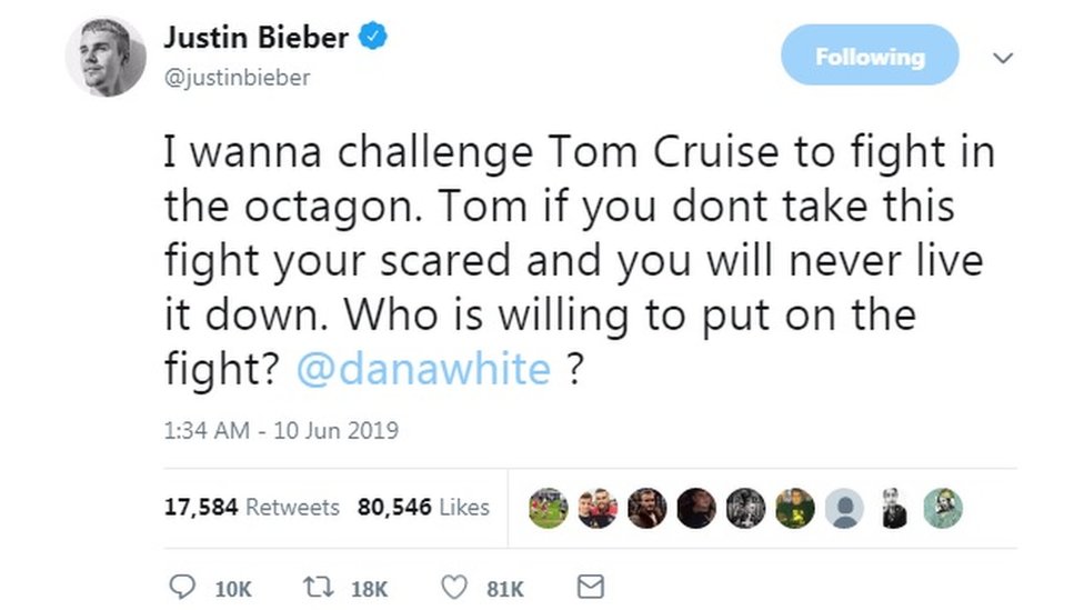 @justinbieber tweeted: "I wanna challenge Tom Cruise to fight in the Octagon. Tom if you don't take this fight you're scared and you will never live it down. Who is willing to put on the fight? @danawhite?"