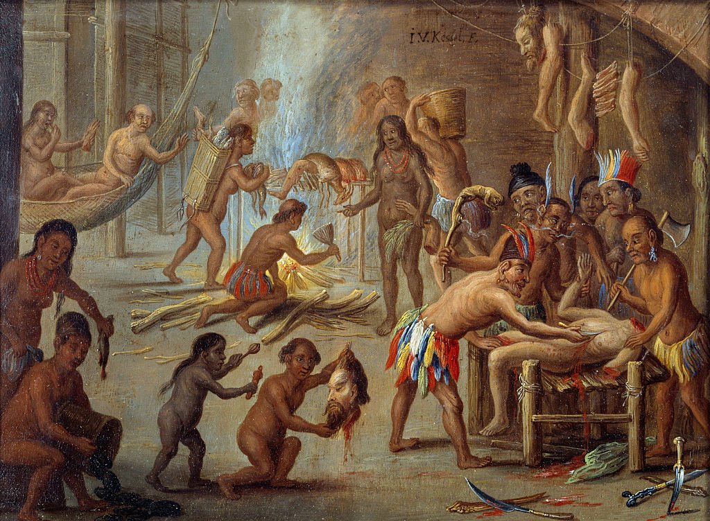 Escena de canibalismo en Brasil en 1644. Indios devorando a sus enemigos y prisioneros. Pintura de Jan van Kessel llamado el Viejo (1626-1679).