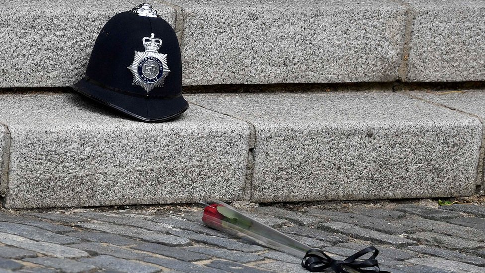 Единственная красная роза, помещенная перед шлемом П.С. Палмера в Вестминстере перед его похоронами