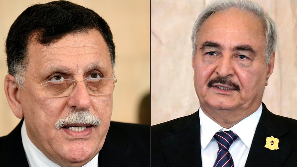 Ulusal Mutabakat Hükümeti'nin Başbakanı Fayez el Sarraj (solda) ve Libya'nın doğusunu kontrol eden General Halife Hafter