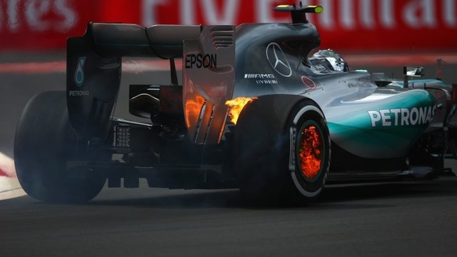 Nico Rosberg's wheels catch fire in Mexico