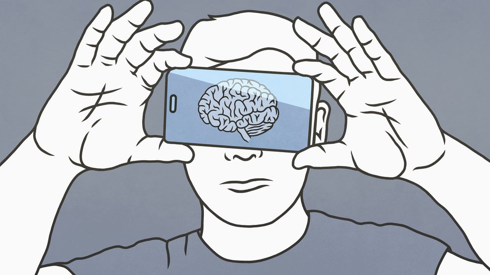 Una ilustracion de alguien mostrando un cerebro en un teléfono