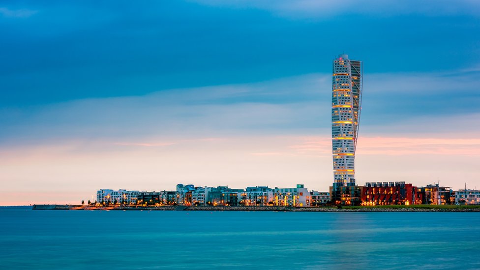 Skyline of Malmo, Sweden with famous Turning Torso building, captured around sunset