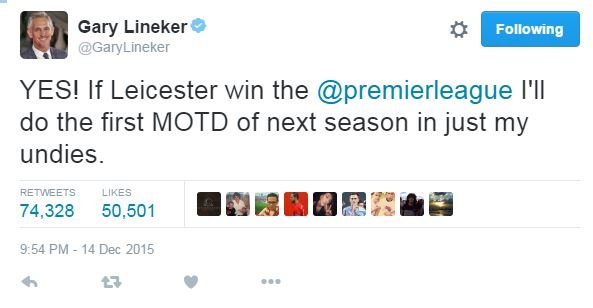 Гэри Линекер написал в Твиттере «ДА! Если «Лестер» выиграет Премьер-лигу, я проведу первый матч дня в следующем сезоне в одних трусах.
