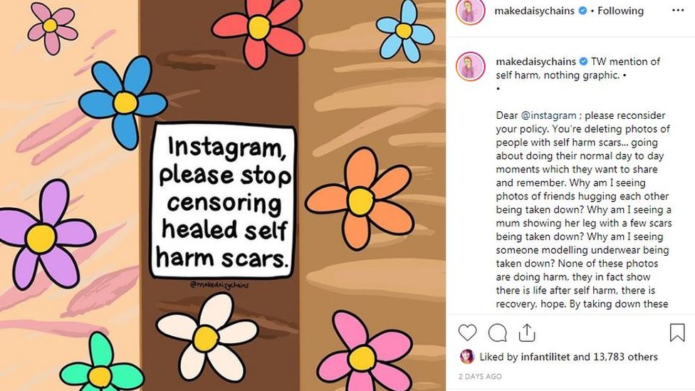 Картина из разноцветных цветов с сообщением, в котором говорится, что Instagram, пожалуйста, прекратите цензуру заживших шрамов от самоповреждений.