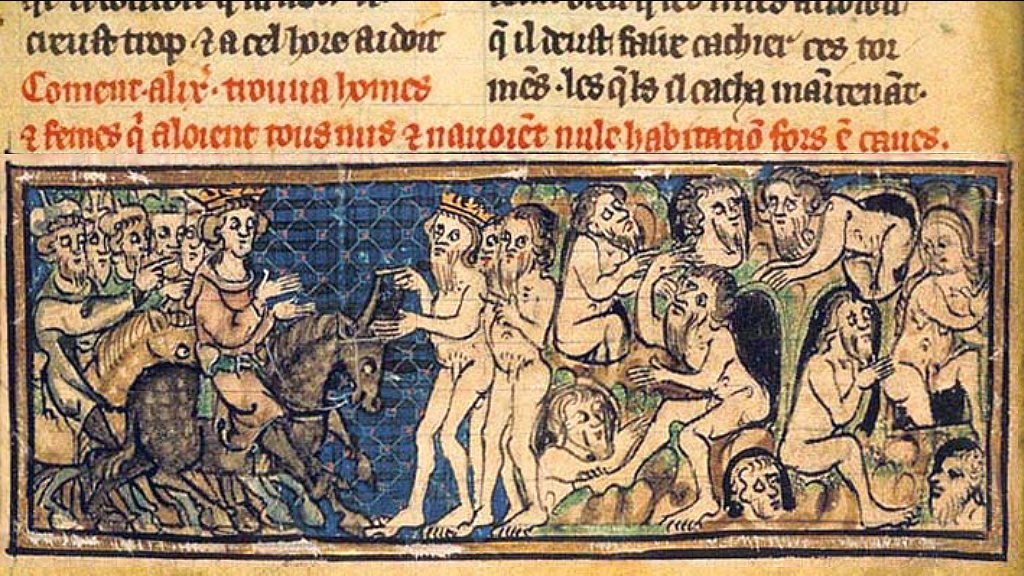 Miniatura medieval mostrando el encuentro de Alejandro Magno con los gimnosofistas, (~1420).