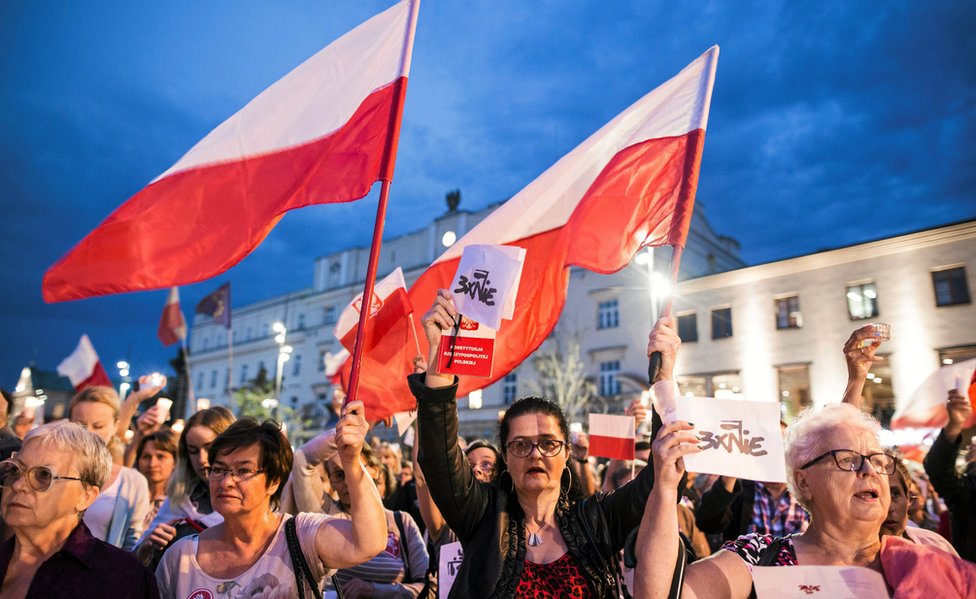 Aunque según las encuestas, los polacos están descontentos con el funcionamiento del Poder Judicial, en varias ciudades del país ha habido protestas en contra de la reforma. Protesta en contra de las reformas judiciales en Polonia.