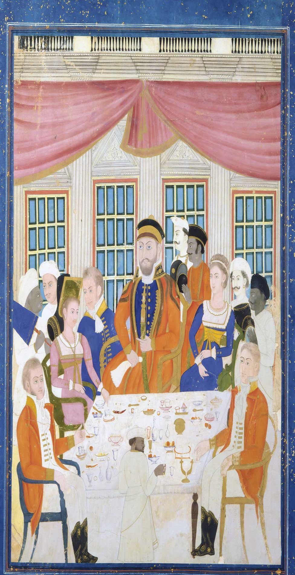 Прекрасно нарисованная миниатюра, изображающая четырех британских офицеров с женами, которые пьют закуски за столом