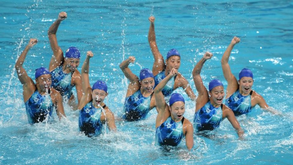 The Japan syncronised swimming team during a training session at the Maria Lenk Aquatics Centre in Rio de Janeiro, Brazil.