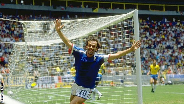 French Captain Michel Platini celebrates a goal during the World Cup quarter-final against Brazil at the Jalisco Stadium in Guadalajara, Mexico. France won the match 4-3 on penalties