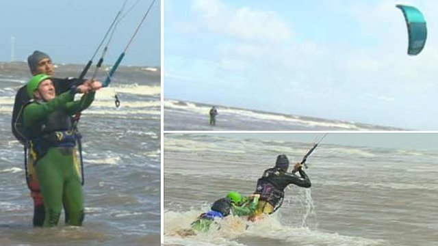 Reporter Matthew Richards kite-surfing