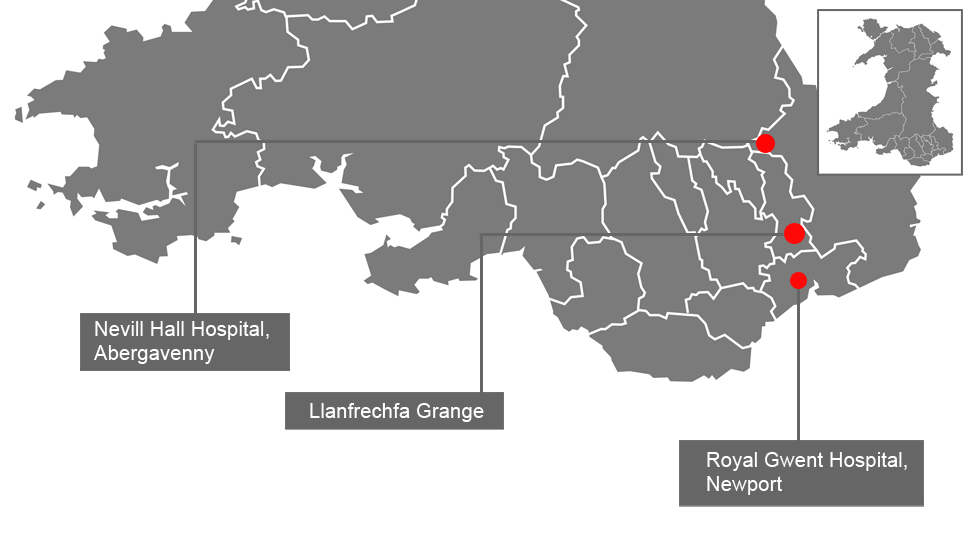 Карта, показывающая существующие и предполагаемые крупные больницы в Гвинте
