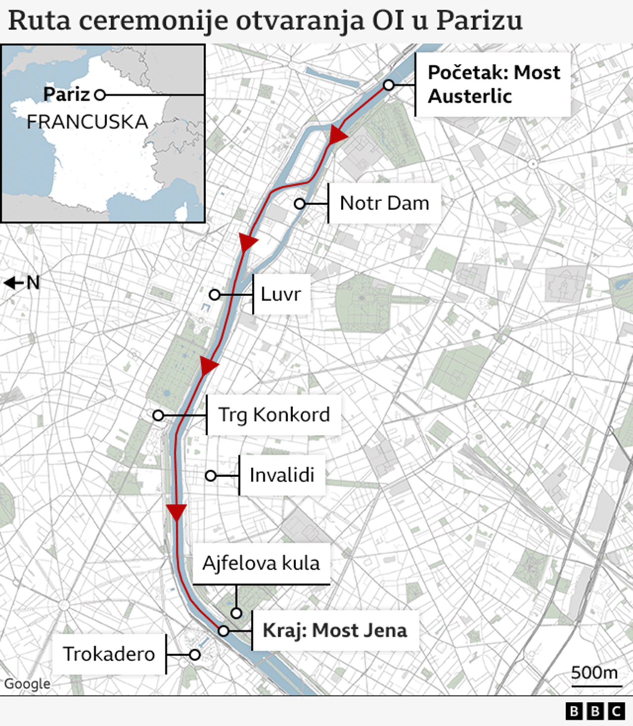 Mapa kretanja povorke na otvaranju Olimpijskih igara u Parizu