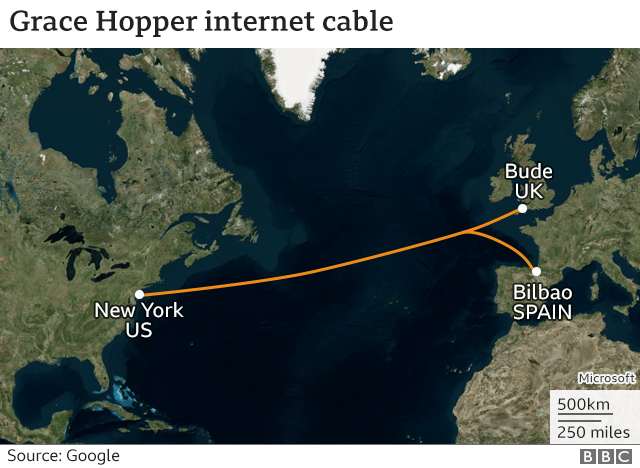 На этой карте показан кабель Грейс Хоппер, идущий от Нью-Йорка до Бьюда в Великобритании и Бильбао в Испании