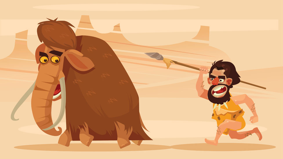 Un hombre de las cavernas persiguiendo a un mamut con una lanza