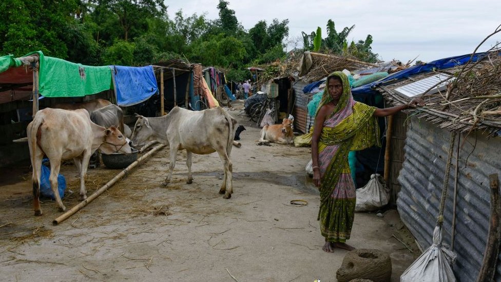Временное убежище на дороге в пострадавшем от наводнения районе Моригаон штата Ассам на северо-востоке Индии