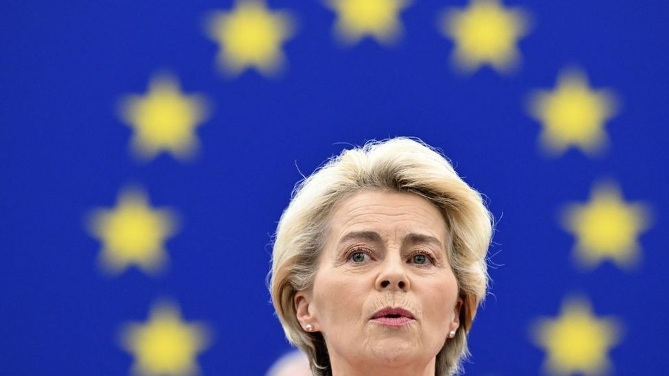 European Commission President Ursula von der Leyen speaks during a debate on the need for a coherent strategy for EU-China relations, as part of a plenary session at the European Parliament in Strasbourg, eastern France, on April 18, 2023.