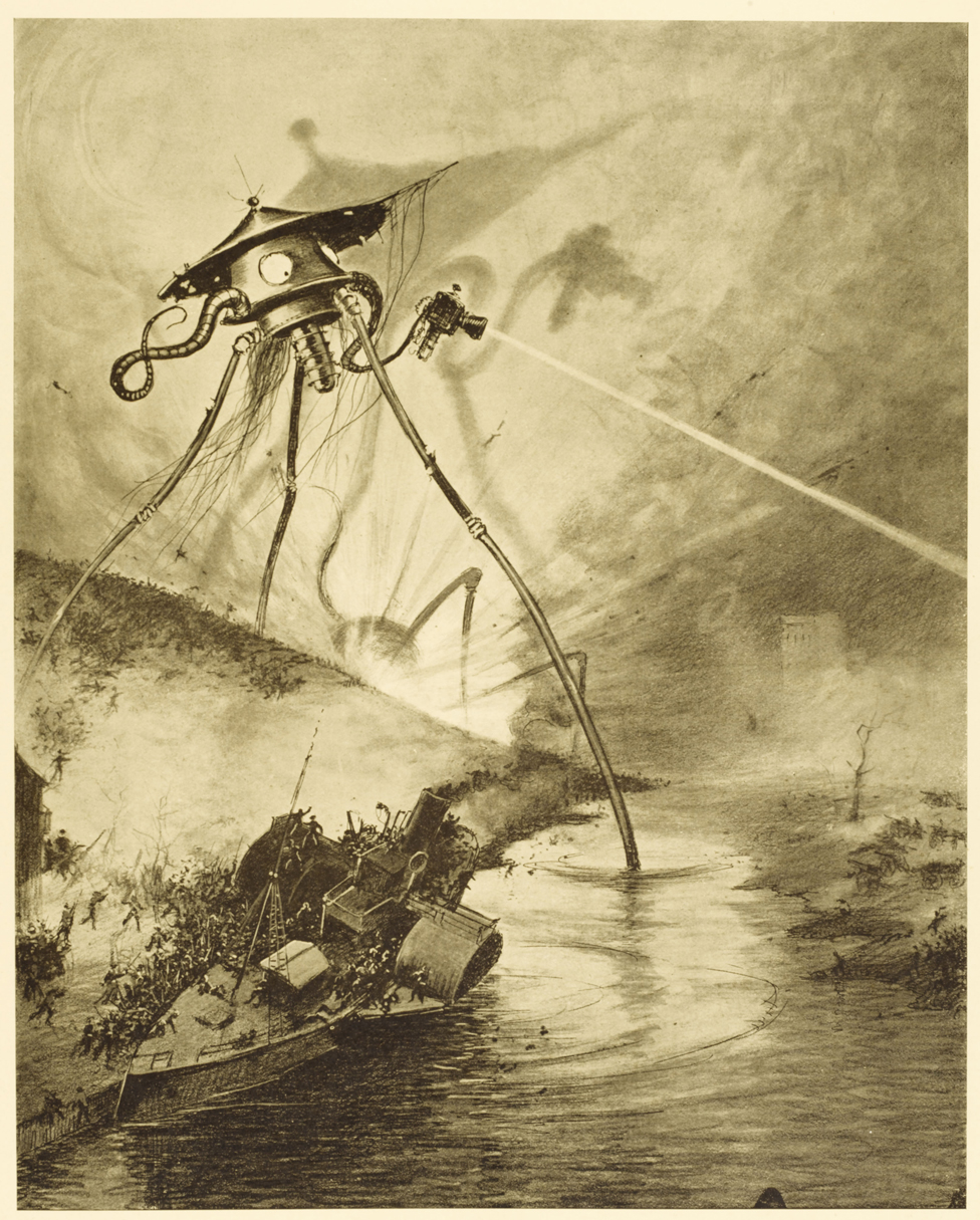 Иллюстрация из французского издания «Войны миров» 1906 года, показывающая корабли пришельцев с щупальцами