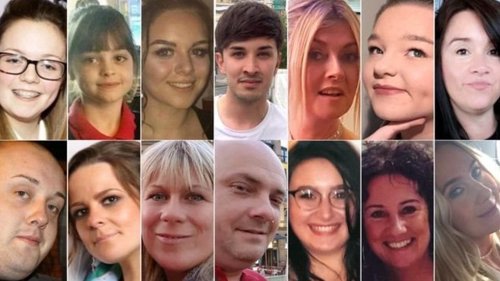 Las víctimas del ataque de Manchester: de izquierda a derecha, de arriba hacia abajo: Georgina Callander, Saffie Roussos, Olivia Campbell, Martyn Hett, Michelle Kiss, Sorrell Leczkowski, Alison Howe, Lisa Lees, Jane Tweddle-Taylor, Nell Jones, Marcin Klis, Angelika Klis, Kelly Brewster y John Atkinson Víctimas del ataque de Manchester