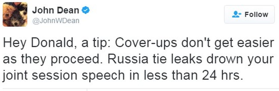 «Привет, Дональд, совет: сокрытие не становится легче по мере того, как они продолжаются. Утечки информации о России заглушают вашу совместную речь на заседании менее чем за 24 часа».