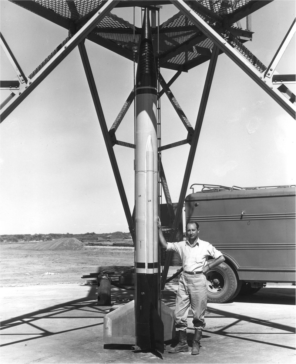 Frank Malina with a missile at the White Sands missile range, New Mexico, in 1946