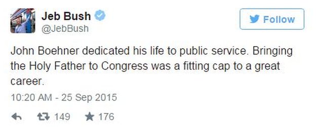 Твит @JebBush: Джон Бонер посвятил свою жизнь государственной службе. Привлечение Святого Отца к Конгрессу было достойным завершением большой карьеры.