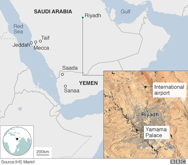 Map showing Yemen, Saudi Arabia and close-up of Riyadh