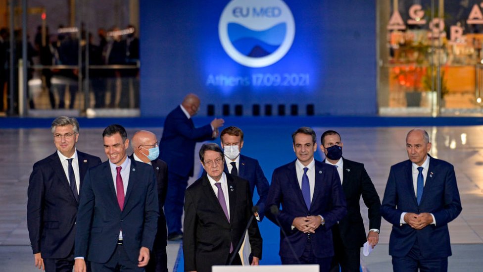 قادة مجموعة تحالف دول جنوب الاتحاد الأوروبي: كرواتيا وقبرص وفرنسا واليونان وإيطاليا ومالطا والبرتغال وسلوفينيا وإسبانيا، في أثينا