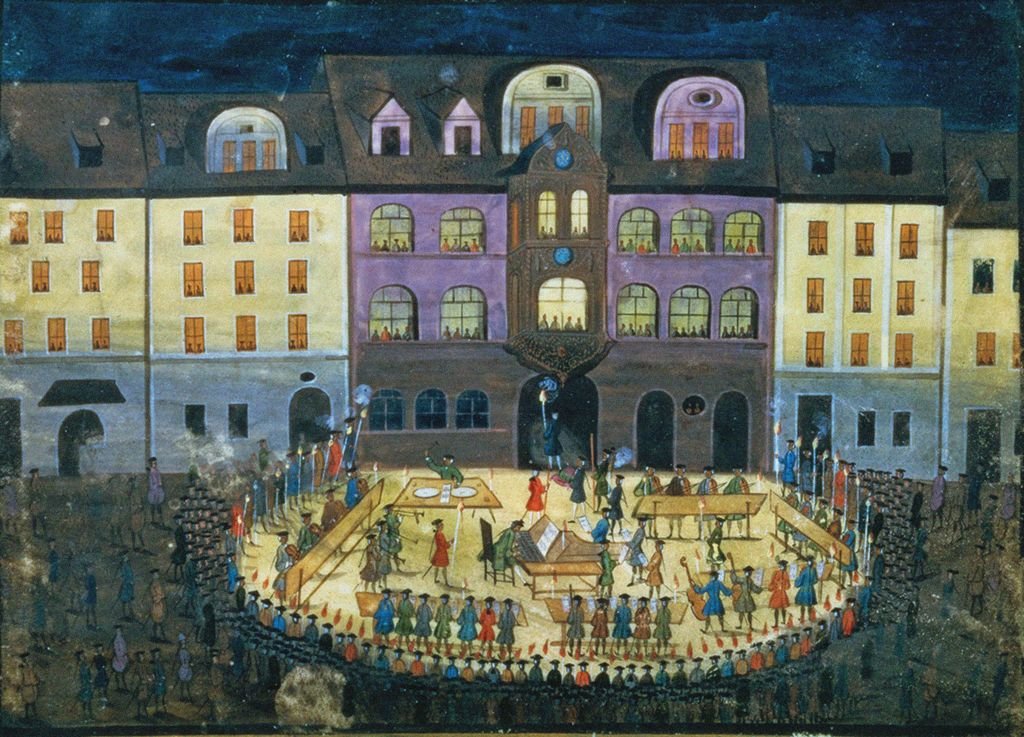 Música nocturna festiva en el Collegium Musicum de Jena, siglo XVIII.