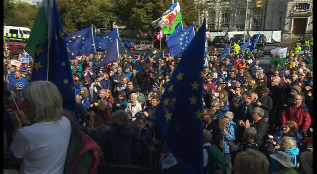 Люди размахивают флагами ЕС в общественном центре Кардиффа