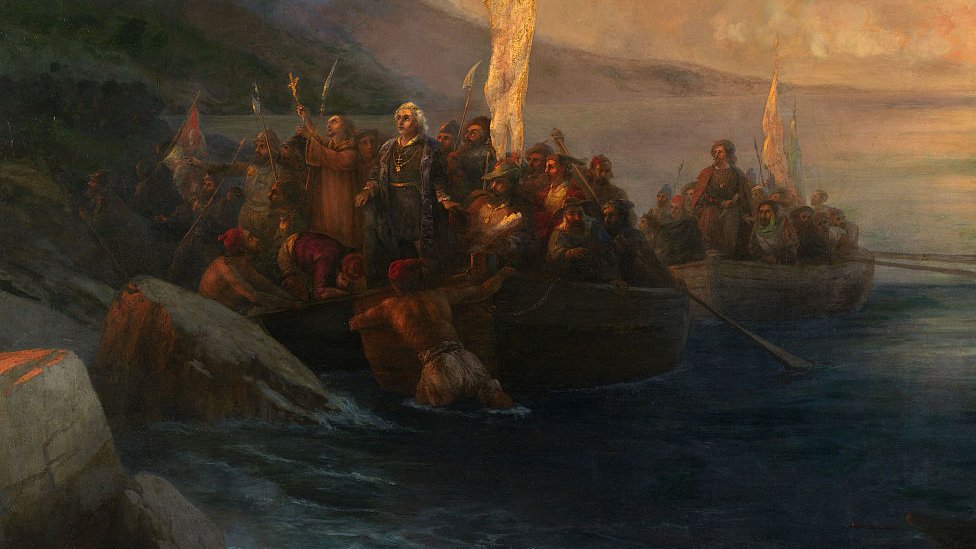Desembarco de Cristóbal Colón en América en 1492.