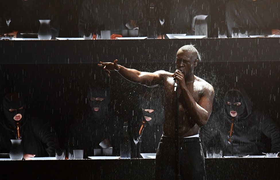 Stormzy performs on stage during the 2018 BRIT Awards show held at the O2 Arena, London, on 21 February 2018