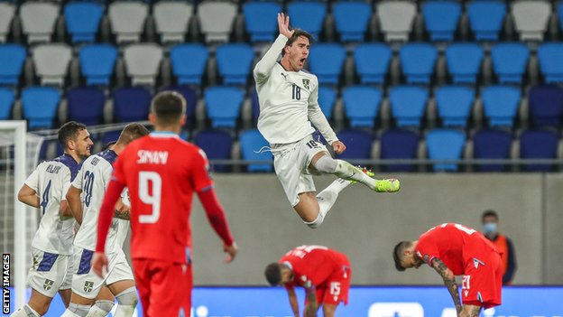 Dusan Vlahovic celebrates scoring for Serbia against Luxembourg in a World Cup 2022 qualifier in October