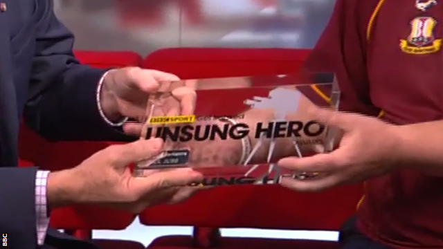 Close-up of a 2015 Unsung Hero award