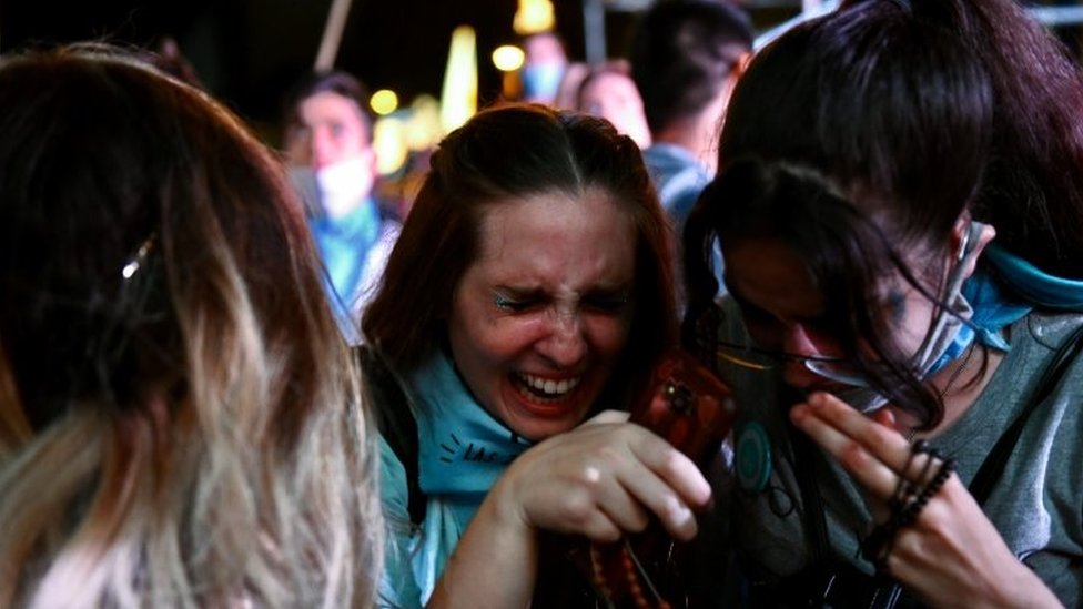 Anti-abortion demonstrators react as the senate debates an abortion bill, in Buenos Aires, Argentina, December 30, 2020.