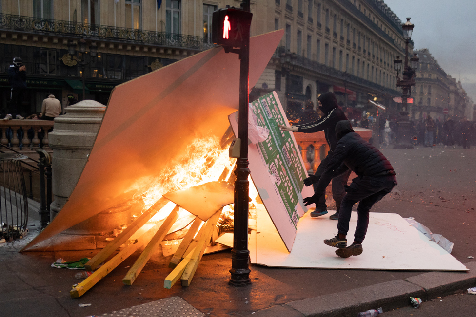 Burning barricades on the place de l opera during a demonstration in Paris on March 23, 2023.