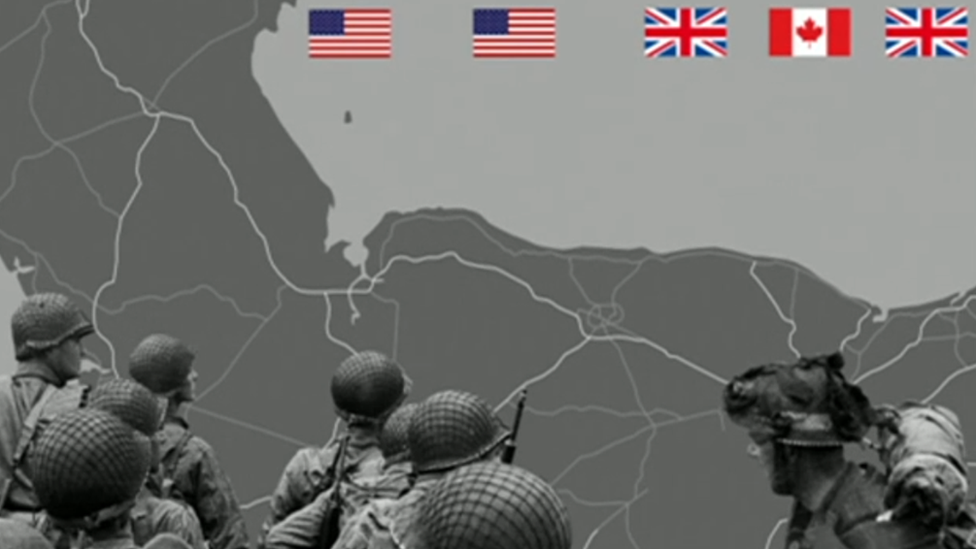 Ilustración montada con la costa norte francesa y las banderas de los ejércitos aliados que participaron en el Día D.