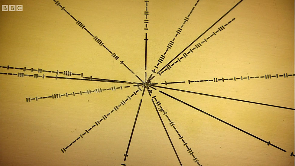 Detalle de la Placa de la Pioneer mostrando mapa del Sol y pulsares