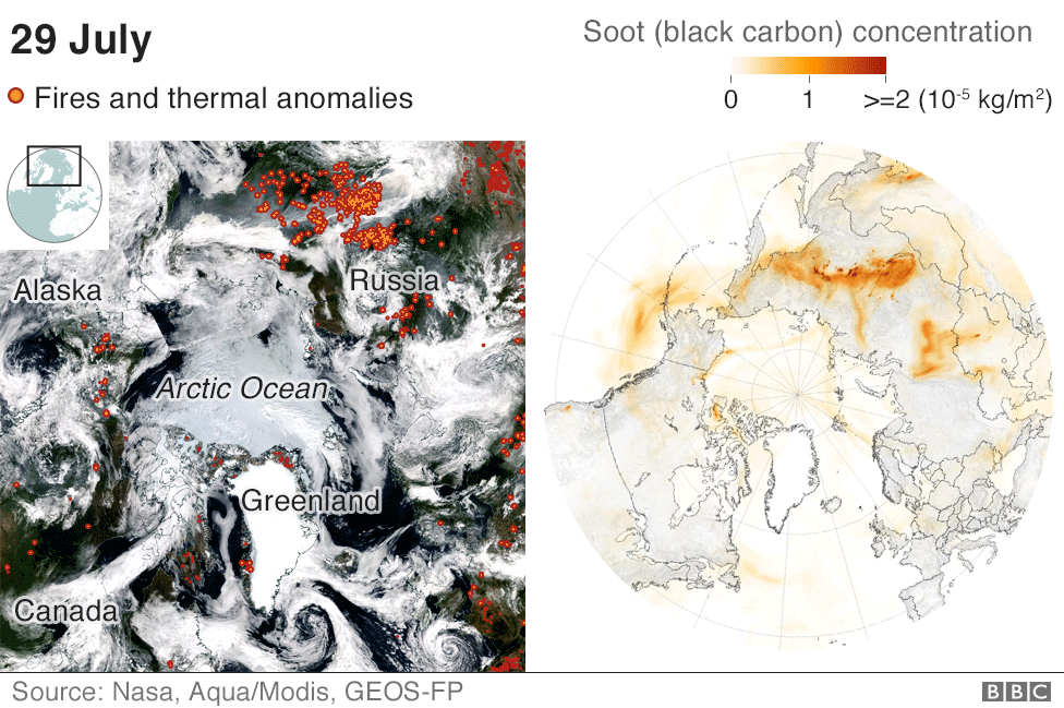 Карты, показывающие сажу от пожаров, путешествующую по Арктике