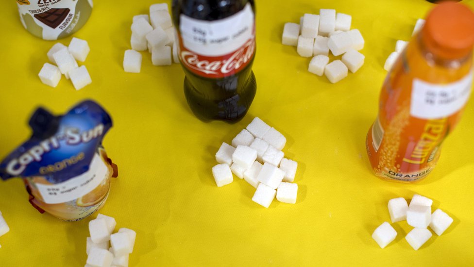 Display showing sugar content of various drinks at Fitzwilliam Community Centre