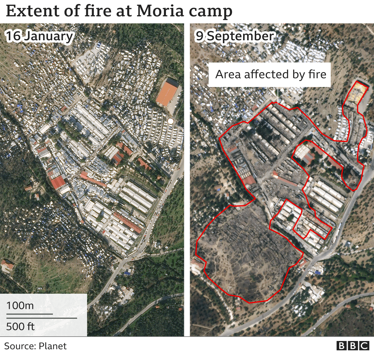 Mapa que muestra la extensión del incendio en el campamento de Moria