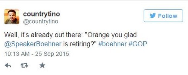 Твит @countrytino: Оранжевый, ты рад, что спикер Бонер уходит на пенсию?