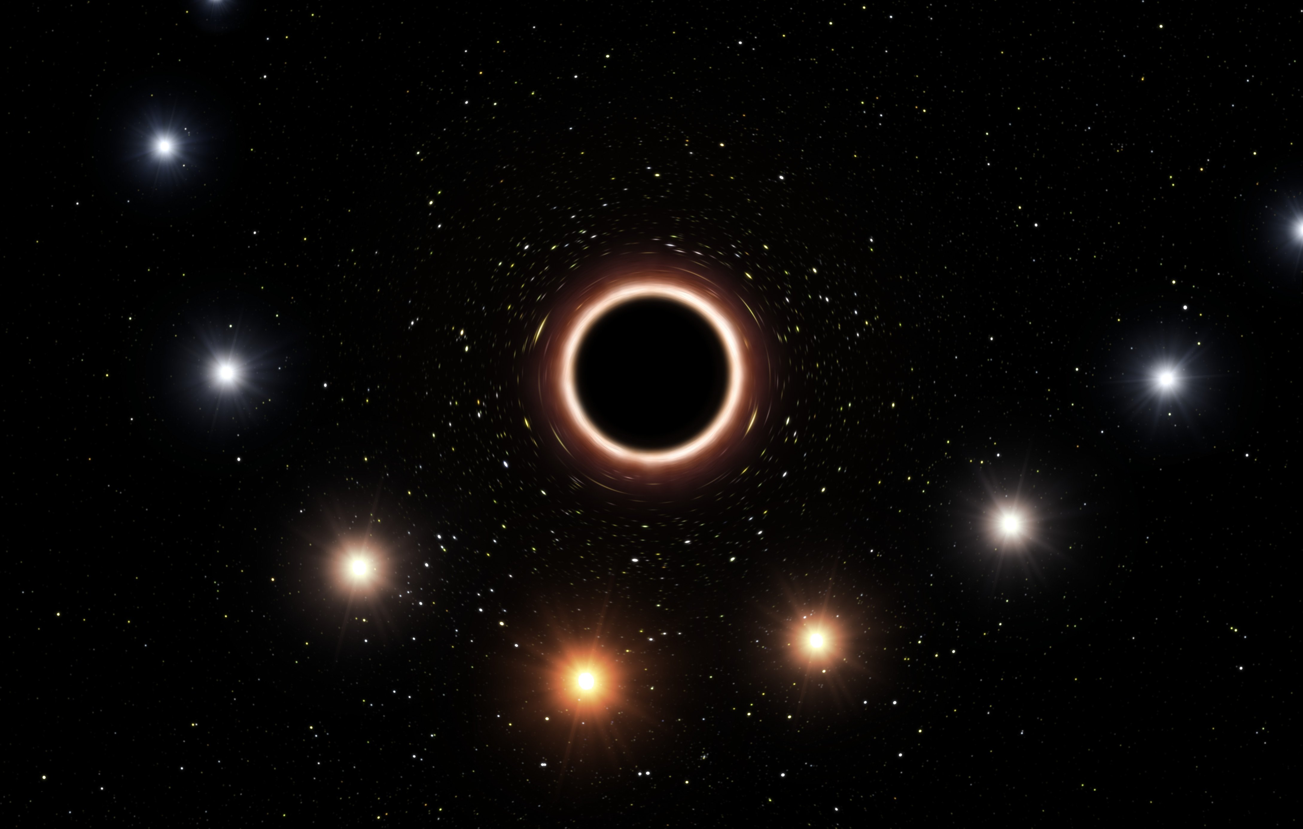 Esta ilustración muestra la trayectoria de la estrella S2 alrededor del agujero negro Sagitario A*. Cuando la estrella está muy cerca del agujero negro, el fuerte campo gravitatorio la vuelve rojiza. Agujero negro