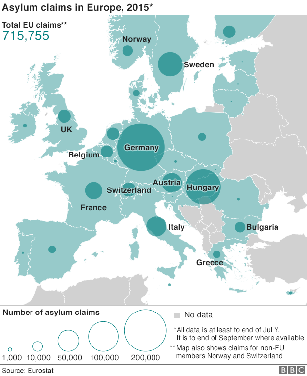 Карта заявлений о предоставлении убежища в 2015 году