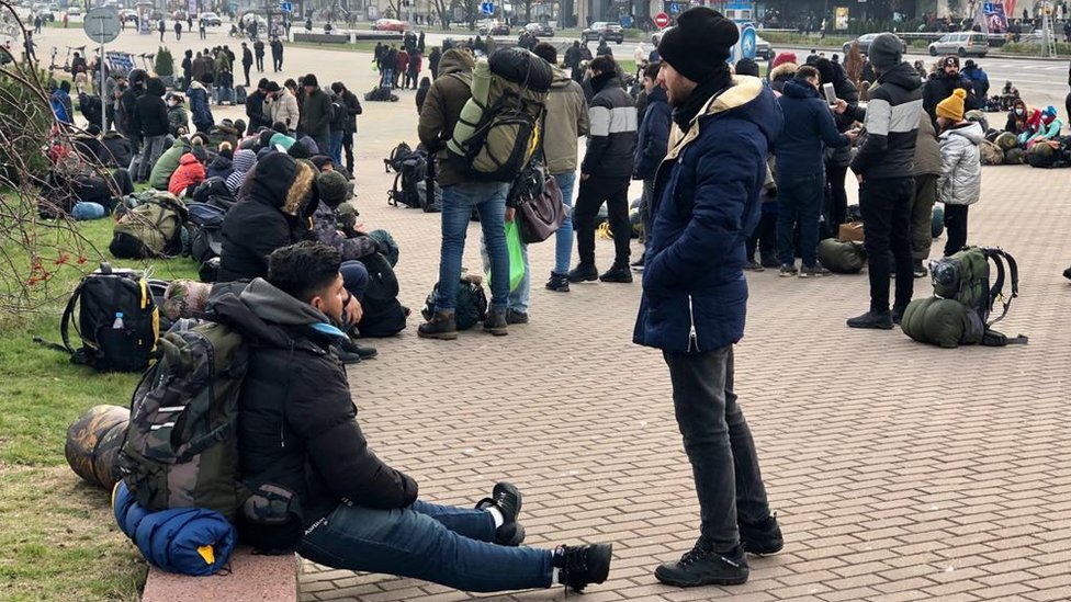A group of migrants gathered in Minsk city centre