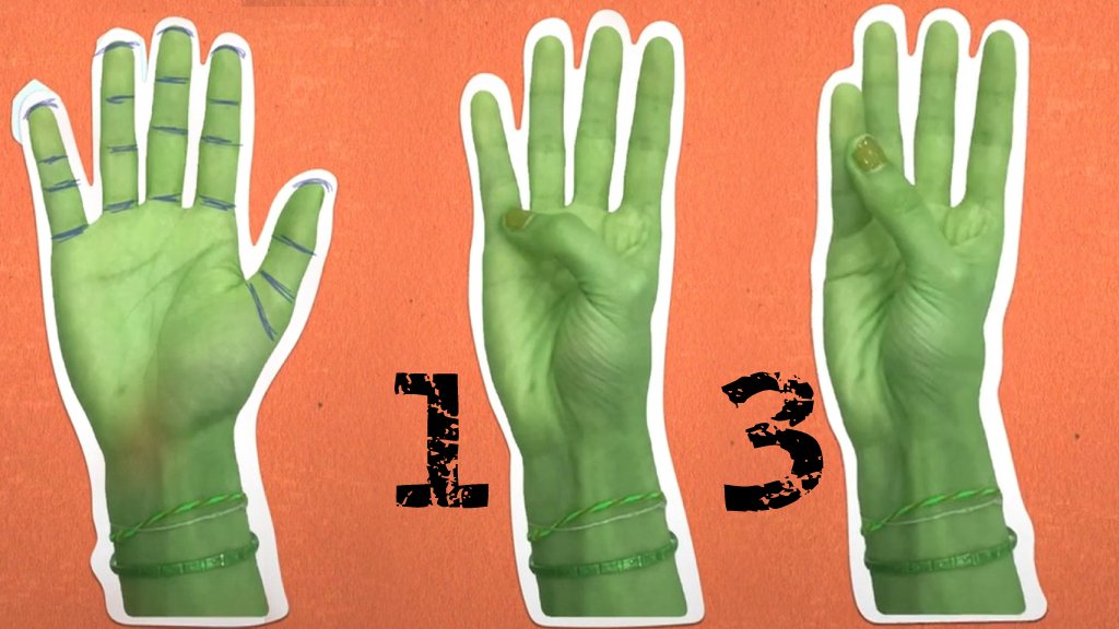 Manos mostrando líneas de los dedos y cómo mostrar el número 1 y el 3.